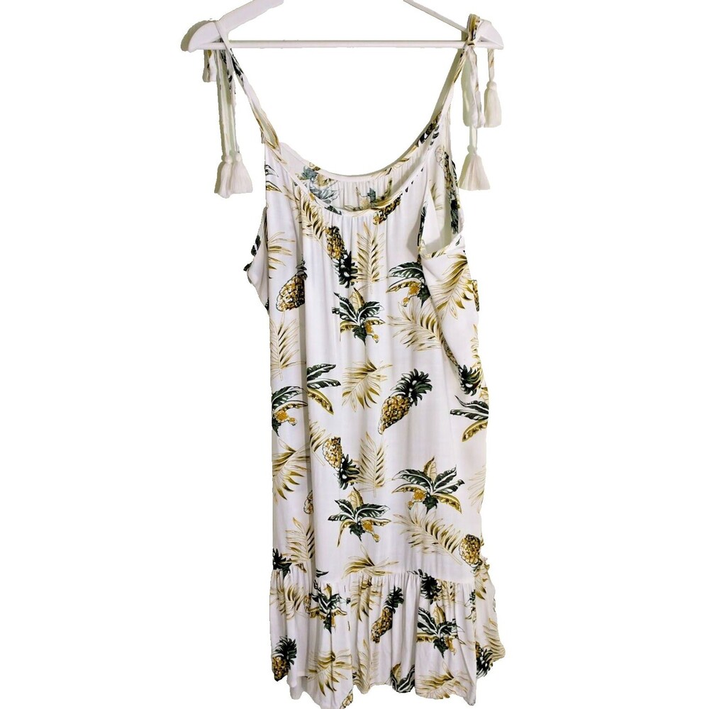Blue Island Sundress Women's Size L White Pineapple Tie at Shoulder Peplum Hem